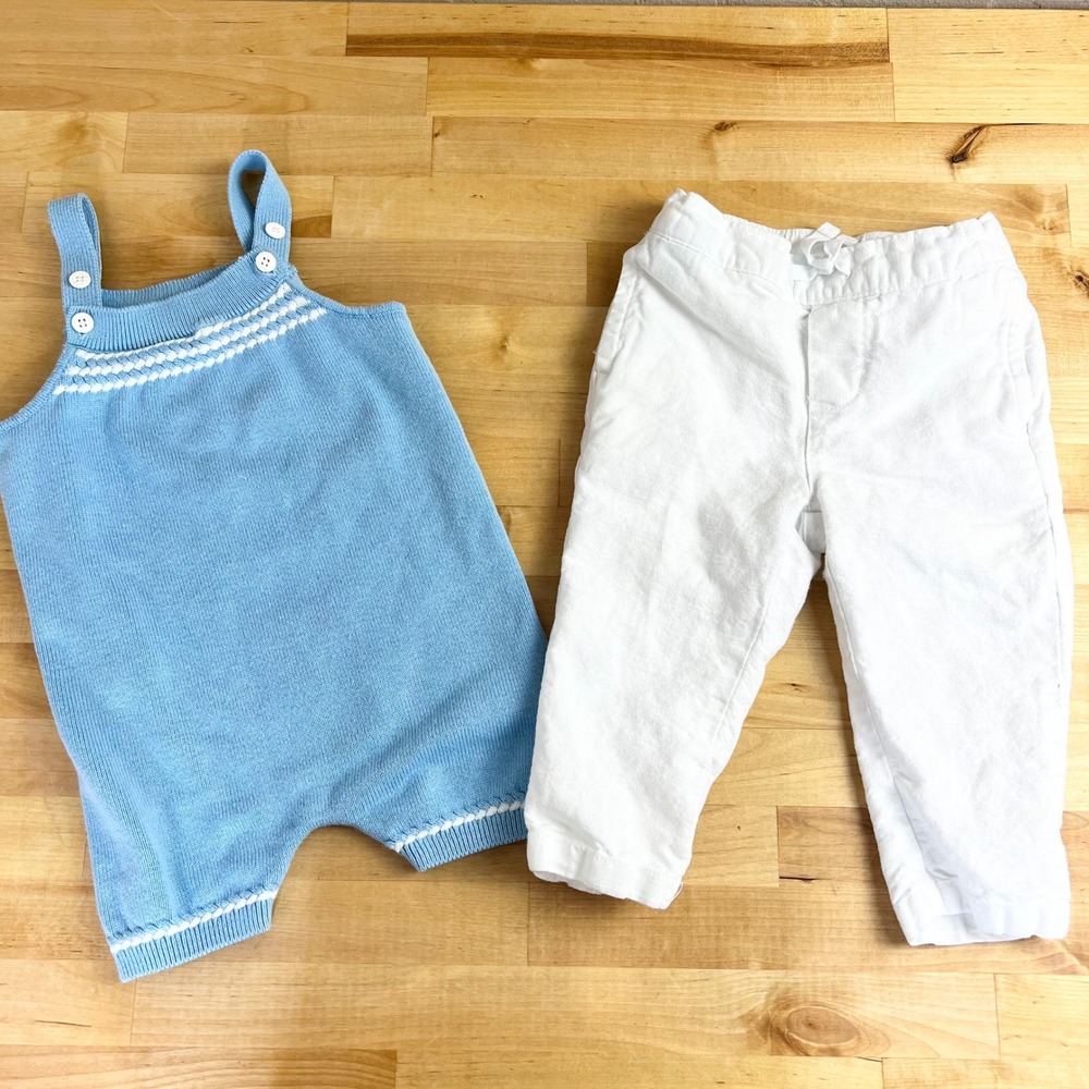 Janie and Jack Bundle Knit Romper‎ Linen Pants Baby Size 12-18 Months Blue White